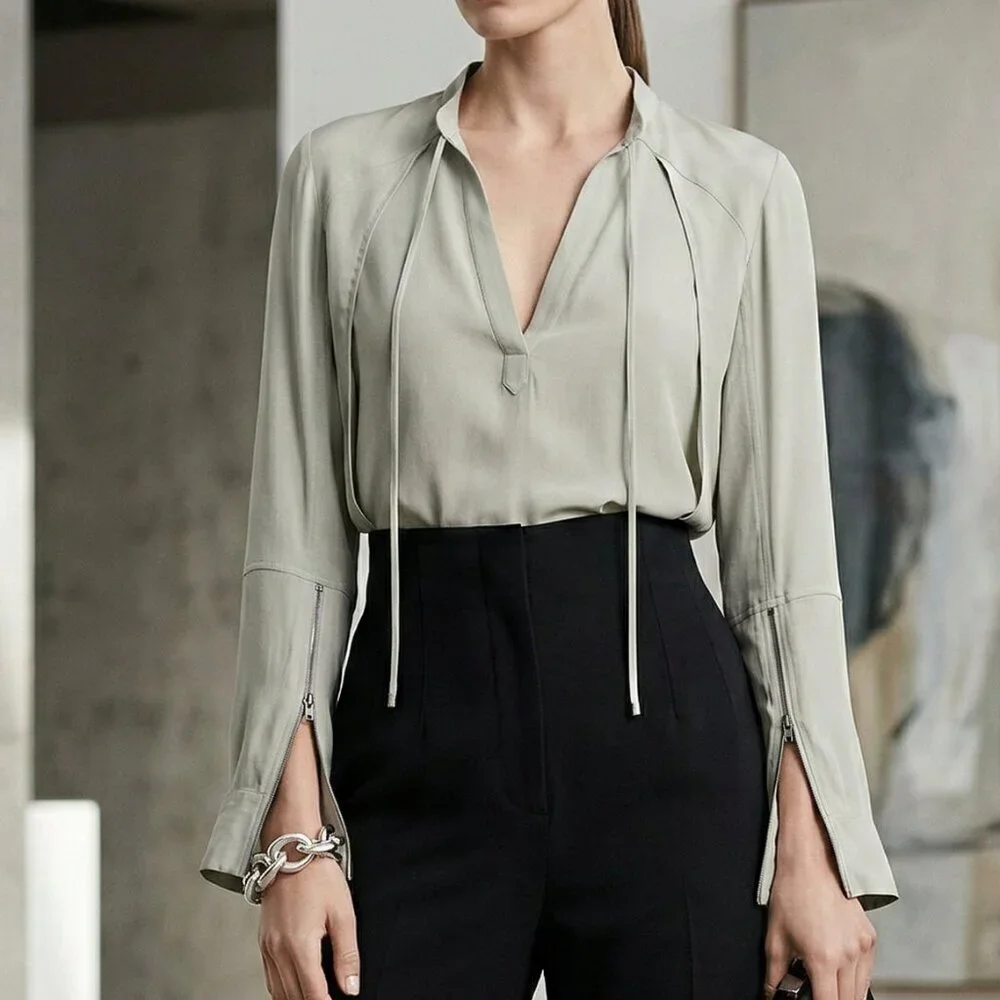 REISS Frances Zip Detail Blouse — Pistachio — US 0 / UK 4 — NWT